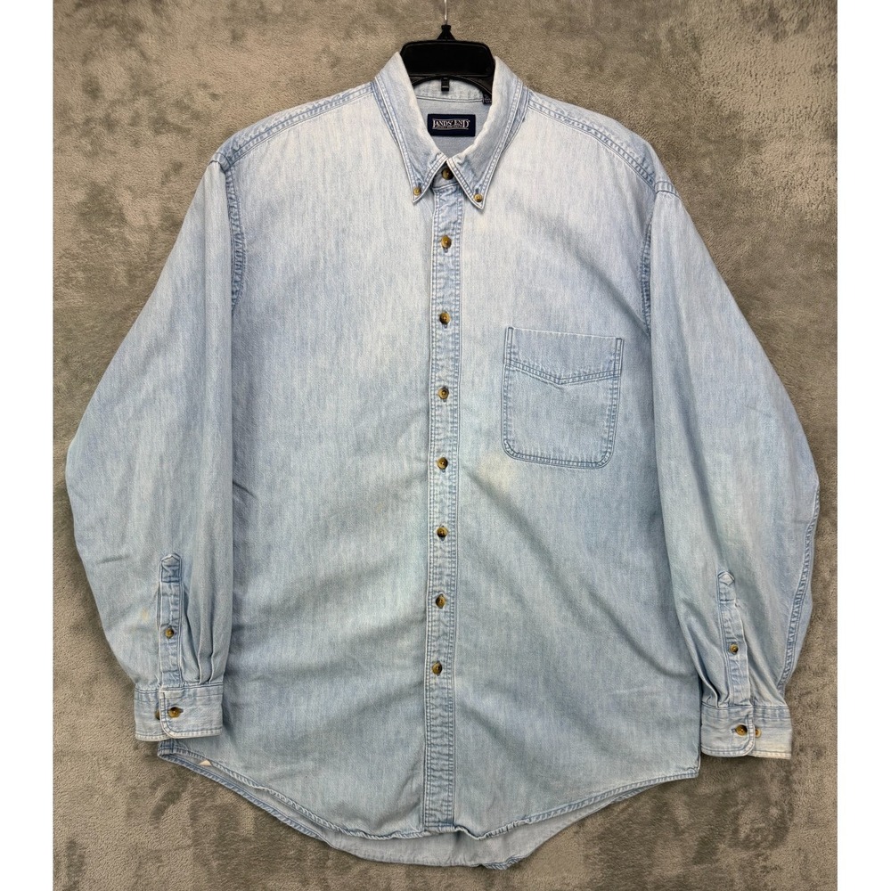 VTG Lands End Denim Shirt XL (17/17.5) Light Blue‎ Cotton Long Sleeve Button Up